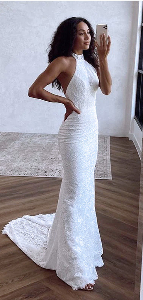 Elegant Halter Mermaid Lace Long Cheap Wedding Dresses, WD05