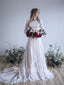 Elegant Champagne Long Sleeve Lace Tulle Appliques A-Line Wedding Dresses, WD06