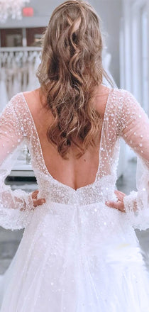 Long Sleeves V-Neck Ivory Sequin Lace Backless Long Cheap Wedding Dresses, WD08