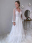 Long Sleeves V-Neck Ivory Sequin Lace Backless Long Cheap Wedding Dresses, WD08