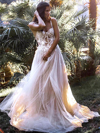 Elegant Spaghetti Strap Lace Appliqued Tulle A-Line Long Cheap Wedding Dresses, WD09