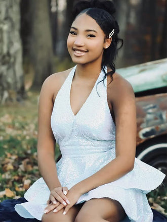 Sparkly White Halter Straps Short Party Dress Short Homecoming Dress, HD500