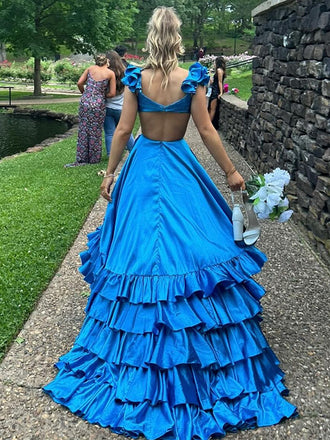 Popular Blue V-neck Slit A-line Long Formal Dress to Impress,MB11060