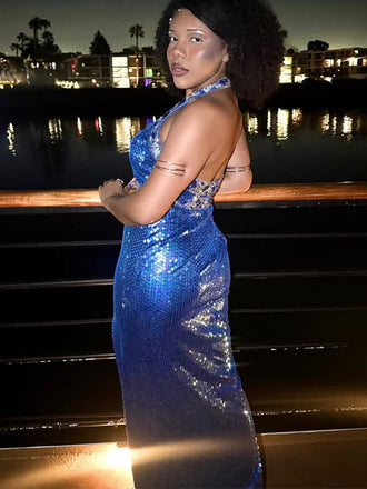 Sparkly Blue V-neck  Mermaid Long Formal Dress to Impress,MB11065