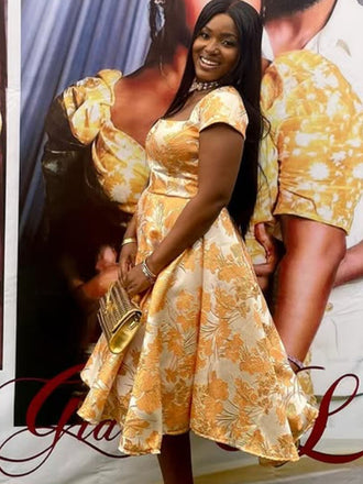 Elegant Yellow Short Sleeve  A-line Long Formal Dress to Impress,MB11050