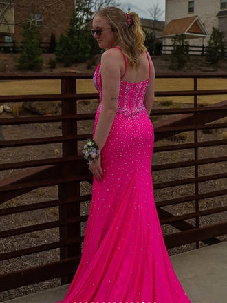 Sparkly Pink V-neck  Mermaid Long Formal Dress to Impress,MB11066