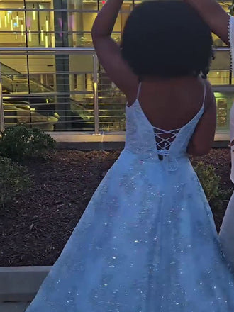 Popular Blue Spagehetii Straps A-line Long Formal Dress to Impress,MB11058