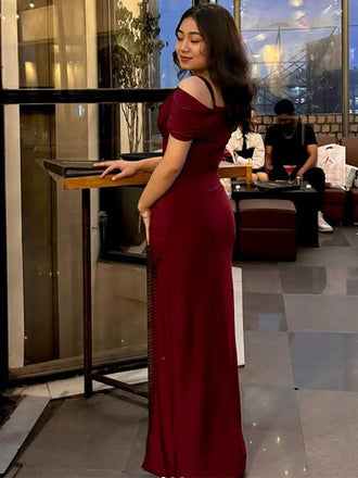 Popular Red Slit Mermaid Spagehtti Straps Long Formal Dress to Impress,MB11055