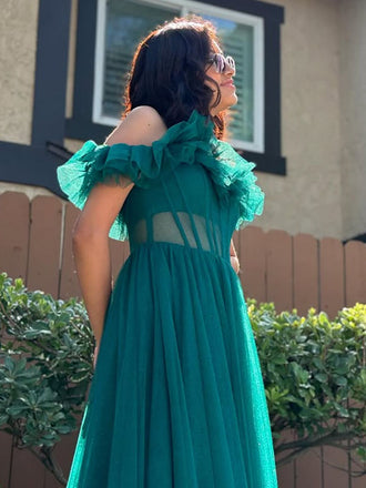 Elegant Green Off-shoulder A-line Long Formal Dress to Impress,MB11053