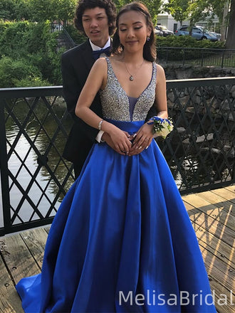 Sparkly Blue A-line V-neck Long Formal Dress to Impress,MB11181