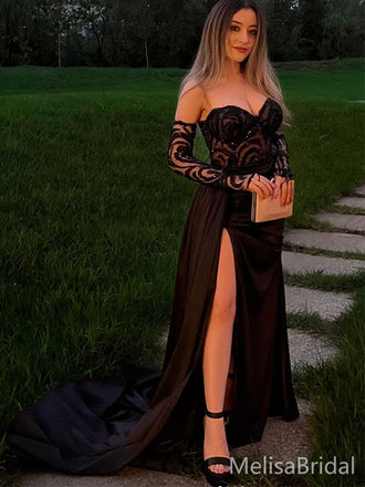 Sexy Black A-line Sweatheart Slit Long Formal Dress to Impress,MB11100