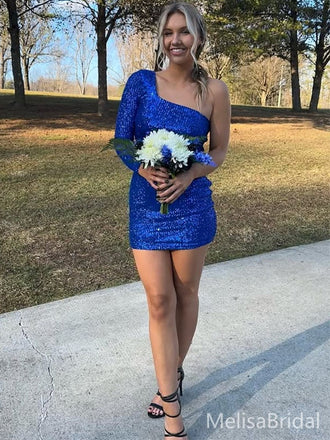 Popular Blue One-shoulder Short Party Dress Short Homecoming Dress, HD518