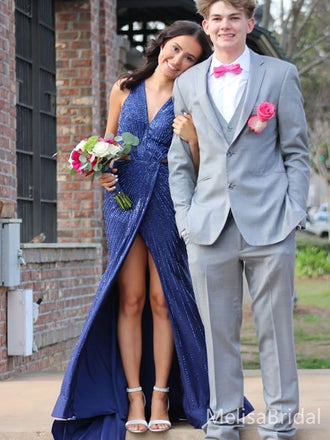Popular Blue V-neck Slit Mermaid Long Formal Dress to Impress,MB11059