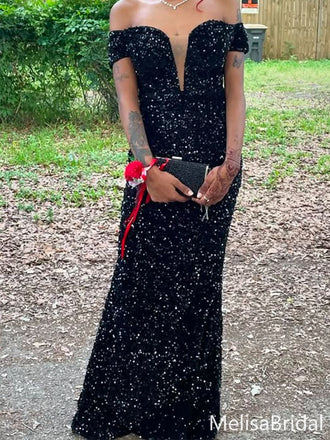 Sparkly Black Off-shoulder Mermaid Long Formal Dress to Impress,MB11163