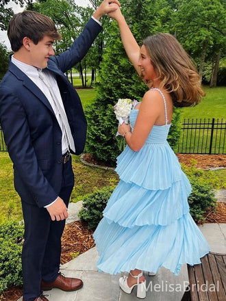 Elegant Blue A-line Spaghetti Straps Long Formal Dress to Impress,MB11026