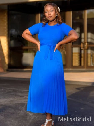 Elegant Blue Short Sleeve A-line Long Formal Dress to Impress,MB11044