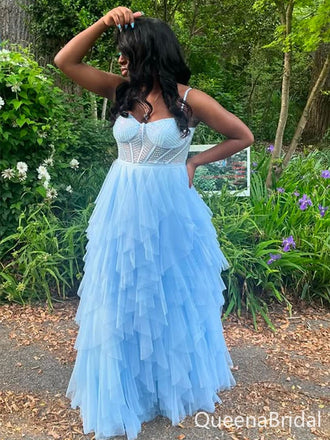 Sparkly Blue Spaghetti Straps A-line Long Formal Dress to Impress,MB11149