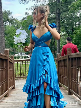 Popular Blue V-neck Slit A-line Long Formal Dress to Impress,MB11060