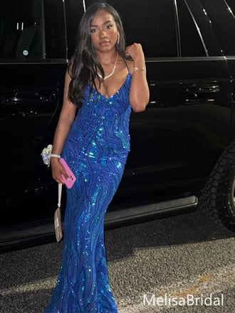 Elegant Blue Spaghetti Straps Mermaid Long Formal Dress to Impress,MB11142