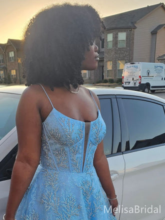 Popular Blue Spagehetii Straps A-line Long Formal Dress to Impress,MB11058