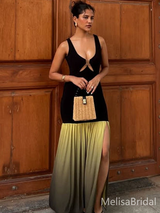 Elegant Black Green V-neck Long Formal Dress to Impress,MB11080