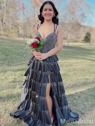 Popular Black Spaghetti Straps V-neck  A-line Long Formal Dress to Impress,MB11070