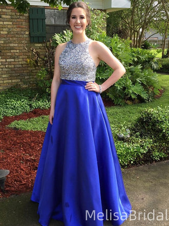Sparkly Blue A-line Halter Long Formal Dress to Impress,MB11182