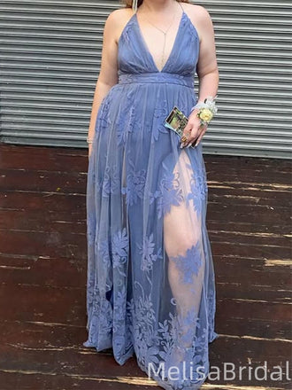 Sexy Blue Spaghetti Straps V-neck Long Formal Dress to Impress,MB11185