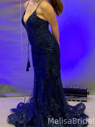 Sparkly Blue Spaghetti Straps V-neck Long Formal Dress to Impress,MB11186