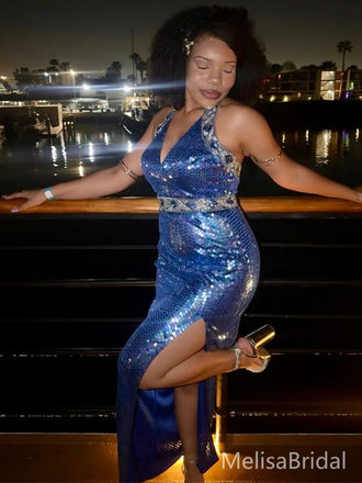 Sparkly Blue V-neck  Mermaid Long Formal Dress to Impress,MB11065