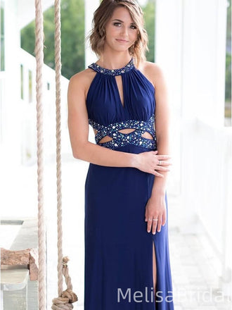 Elegant Blue Halter Slit Long Formal Dress to Impress,MB11187