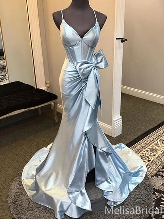 Elegant Blue Spaghetti Strap V-neck Mermdaid Long Prom Gown  ,MB10997