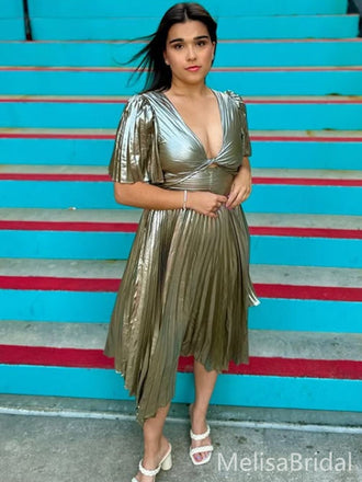 Elegant Champagne A-line V-neck Long Formal Dress to Impress,MB11088