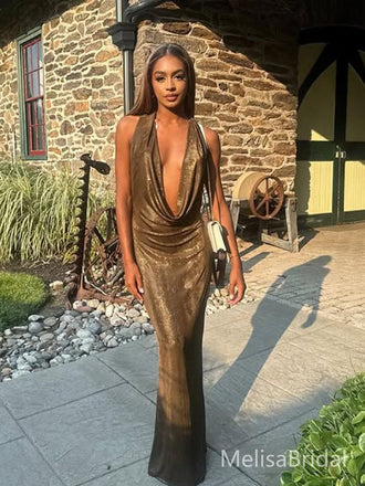 Sparkly Champagne V-neck Mermaid Long Formal Dress to Impress,MB11093
