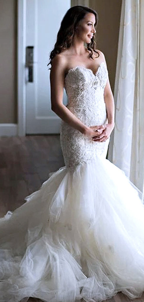 Elegant Sweetheart Off-White Lace Mermaid Long Cheap Wedding Dresses, WD22