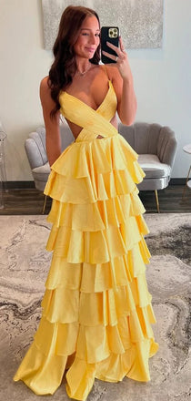 Sexy Yellow A-line V-neck Long Formal Dress to Impress,MB11028