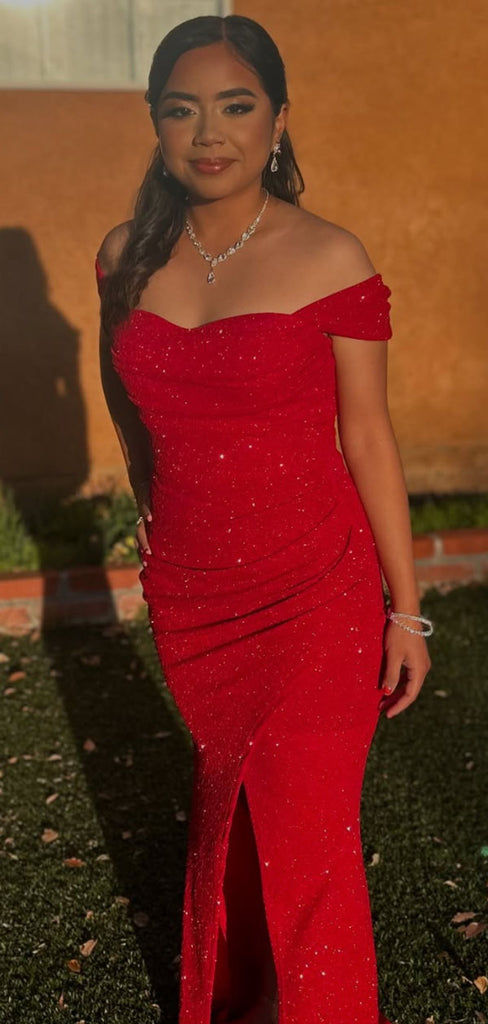 Elegant Red Off-shoulder Slit Long Formal Dress to Impress,MB11120