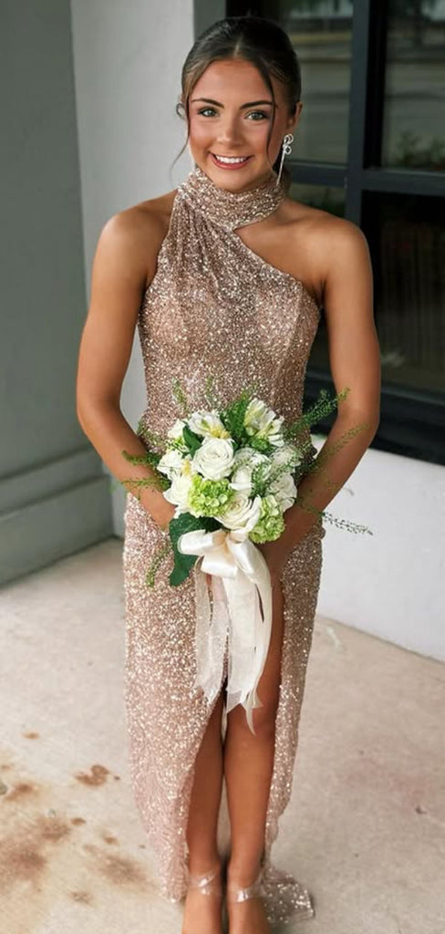 Elegant Champagne high-neck Long Formal Dress to Impress,MB11114