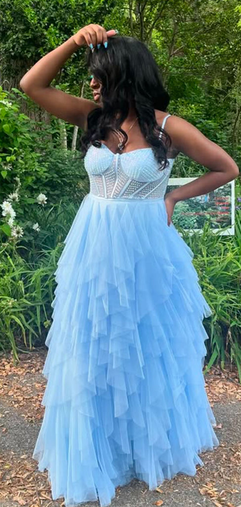 Sparkly Blue Spaghetti Straps A-line Long Formal Dress to Impress,MB11149