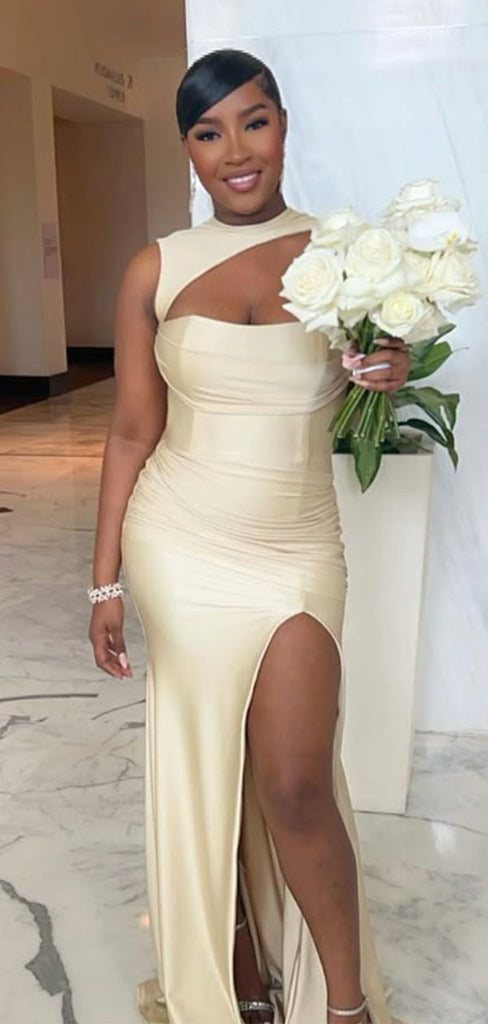 Elegant Champagne Mermaid Slit Long Formal Dress to Impress,MB11111
