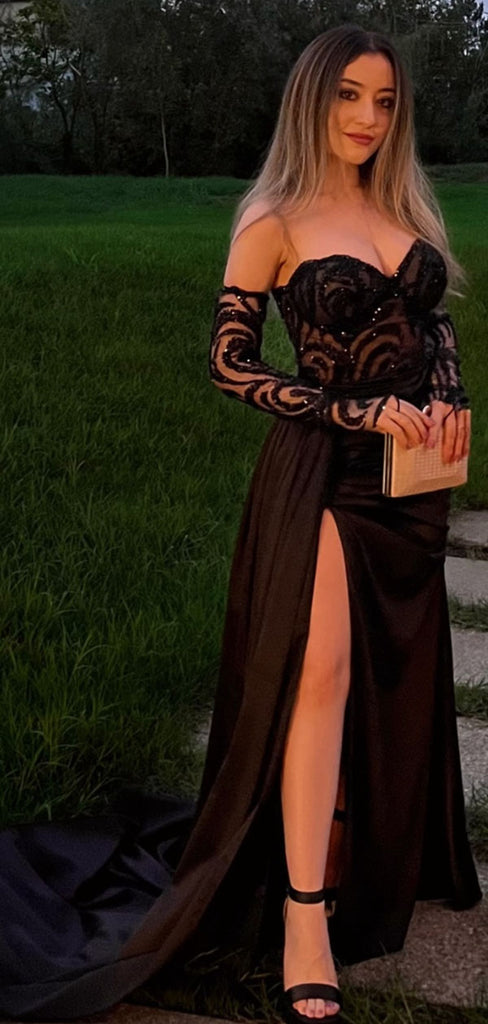 Sexy Black A-line Sweatheart Slit Long Formal Dress to Impress,MB11100