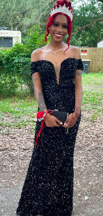 Sparkly Black Off-shoulder Mermaid Long Formal Dress to Impress,MB11163