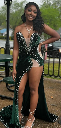 Sexy Green Mermaid Slit Long Formal Dress to Impress,MB11178