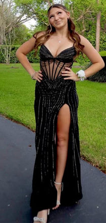 Sexy Black Mermaid Slit V-neck  Long Formal Dress to Impress,MB11184