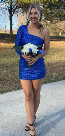 Popular Blue One-shoulder Short Party Dress Short Homecoming Dress, HD518