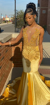 Sexy V-neck Gold Mermaid Long Formal Dress to Impress,MB11063