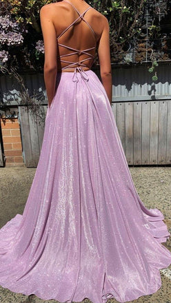 Elegant Purple A-line V-neck Spaghetti Strap Long Prom Dress to Impress  ,MB11004