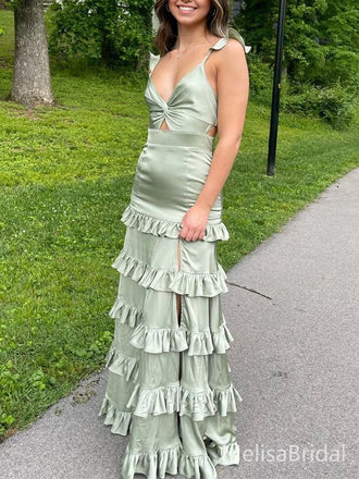 Elegant Green Spaghetti straps V-neck Long Formal Dress to Impress,MB11110