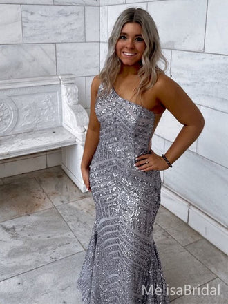 Sparkly Gray One-shoulder Mermaid Long Formal Dress to Impress,MB11086