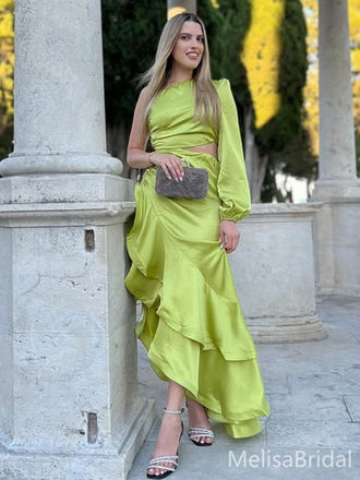Elegant Green A-line One-sleeve Long Formal Dress to Impress,MB11107